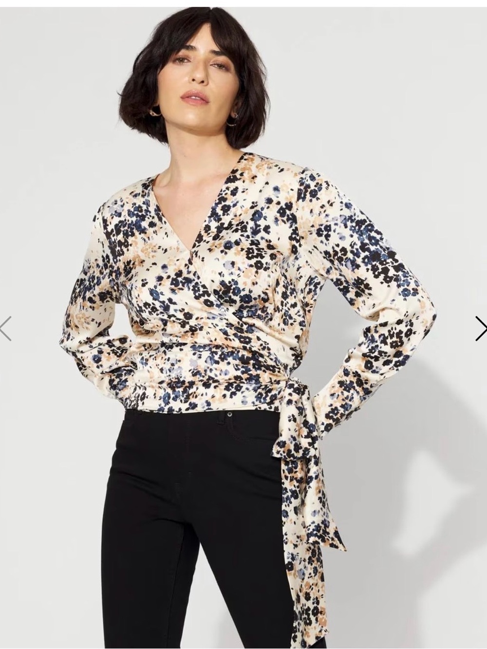 White House Black Market Cream Floral Wrap Blouse with Navy Accents